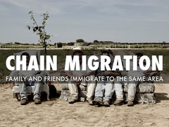 <p>migration of people to a specific location because relatives or members of the same nationality previously migrated there</p>