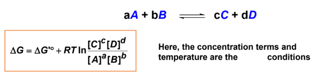 <p><strong><u>Kinetics vs Thermodynamics </u></strong></p><ul><li><p>The actual free energy for a reaction <strong>depends on the initial concentrations of substrates and products, and on the tempature.</strong> </p></li><li><p>These are unlikely to be standard conditions. </p><ul><li><p>In this equation, the concentration terms and temperature are the ____ conditions. </p></li></ul></li></ul><p></p>
