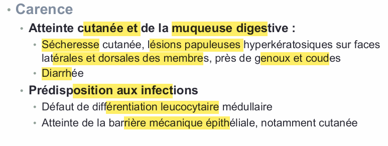 <p>• Atteinte oculaire : • Photophobie et baisse de l’acuité visuelle nocturne (vers cécité définitive) • Xérophtalmie et kératomalacie</p>