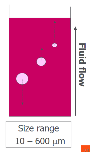 <p><span>Fluid flow in the opposite direction to the sedimentation movement</span></p><ul><li><p><span>Therefore depending on the fluid flow larger particles will settle downwards and smaller particles will move upwards with the fluid flow</span></p></li></ul><p></p>