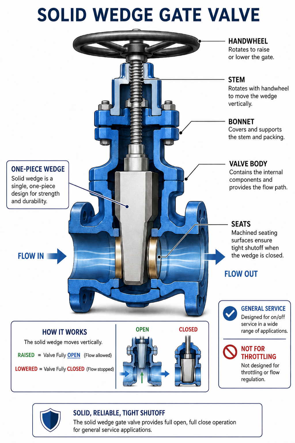 <p><strong><mark data-color="blue" style="background-color: blue; color: inherit;">CLOSURE ELEMENT: gate valve</mark></strong></p><p></p><p><strong><mark data-color="yellow" style="background-color: yellow; color: inherit;">Description</mark></strong></p><ul><li><p>Uses <strong>one solid wedge-shaped gate</strong>.</p></li><li><p>The most common and simplest design.</p></li></ul><p><strong><mark data-color="yellow" style="background-color: yellow; color: inherit;">Best For</mark></strong></p><ul><li><p>Water</p></li><li><p>Oil</p></li><li><p>General industrial service</p></li></ul><p><strong><mark data-color="yellow" style="background-color: yellow; color: inherit;">Advantages</mark></strong></p><p><span data-name="check_mark_button" data-type="emoji">✅</span> Strong</p><p><span data-name="check_mark_button" data-type="emoji">✅</span> Durable</p><p><strong><mark data-color="yellow" style="background-color: yellow; color: inherit;">Disadvantages</mark></strong></p><p><span data-name="cross_mark" data-type="emoji">❌</span> Less suitable where temperature changes cause expansion</p>
