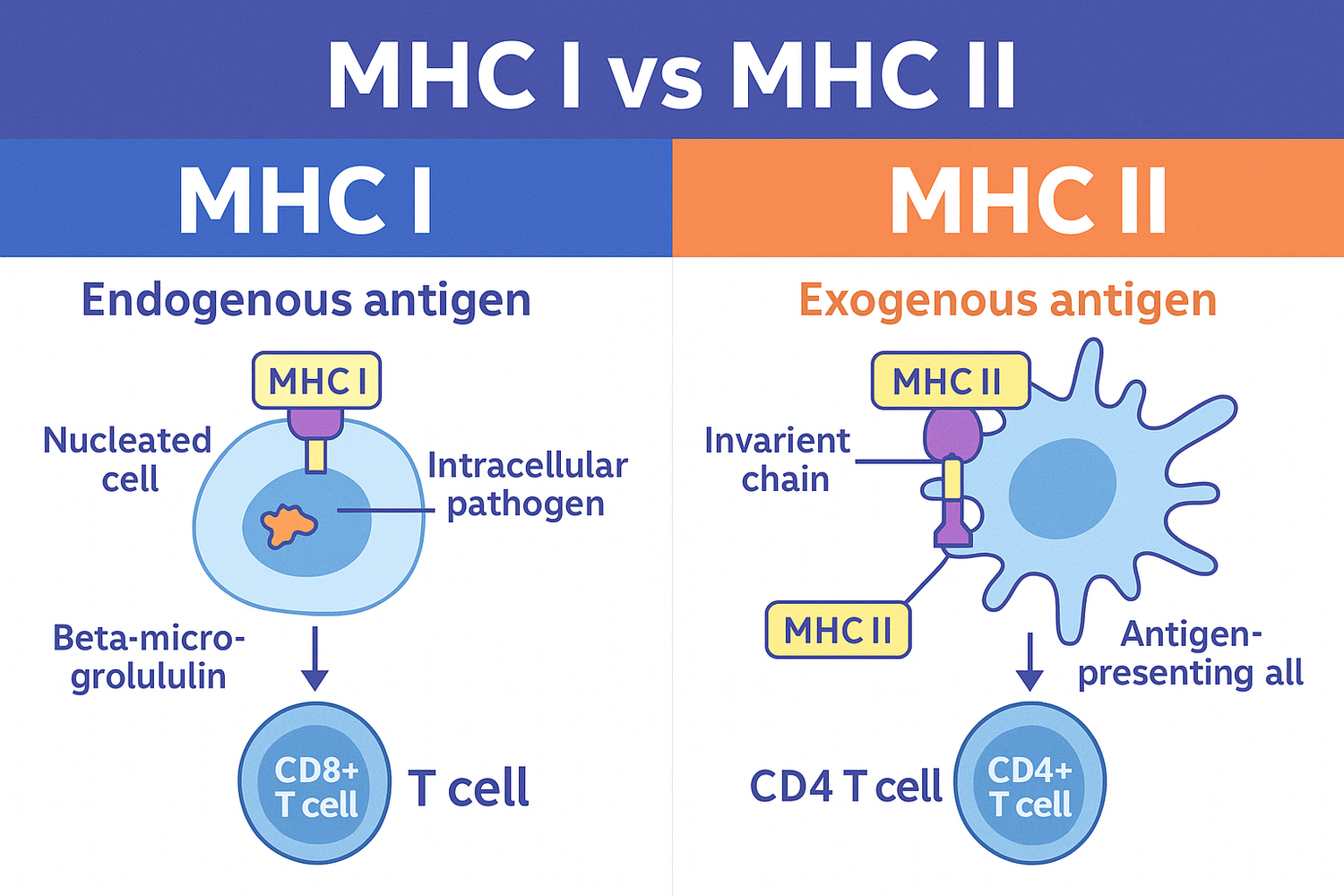 <p>MHC I = on the membrane of cells with a nucleus</p><p>MHC II = on the membrane of specialized antigen-presenting cells like macrophages or dendritic cells</p>