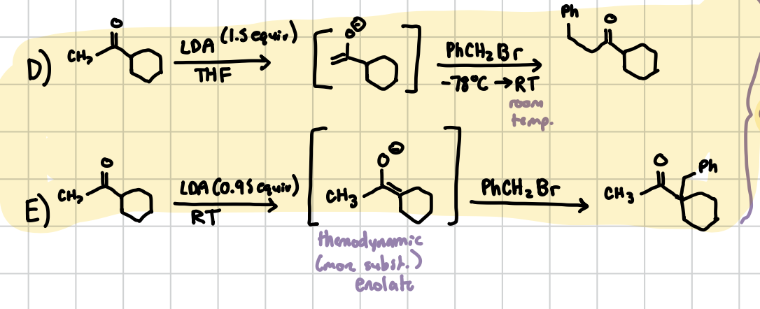 <p>An ⍺-alkylation with differing amounts of base added. If above 1 equiv, the resonance will form with the least sterically hindered side, which you can then add the Phenol group to. If below 1 equiv, the resonance will form with the most sterically hindered side, which you an then add the phenol group to. </p><p>Reagents: 1) LDA (equiv matters), THF if > or RT if < 2) PhCH2Br (add -78°C → RT if LDA was >1) </p>