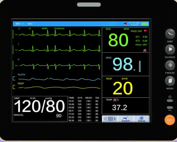 <p><span><span>Continuous monitoring of heart rate and rhythm and respiratory rate (ECG)</span></span></p>