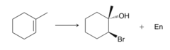 <p>add Br and -OR (Halogen on least substituted)</p><p>markovnikov, anti addition</p><p>bromination in alcohol</p>