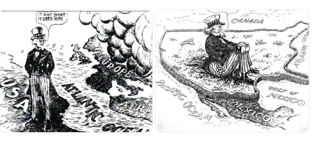 <p>What is the main idea being expressed in this cartoon?</p><p></p><p>A. The United States is actively fighting in Europe<br>B. The United States is remaining isolated while war spreads in Europe<br>C. Europe is becoming more peaceful<br>D. The United States is helping rebuild Europe</p>