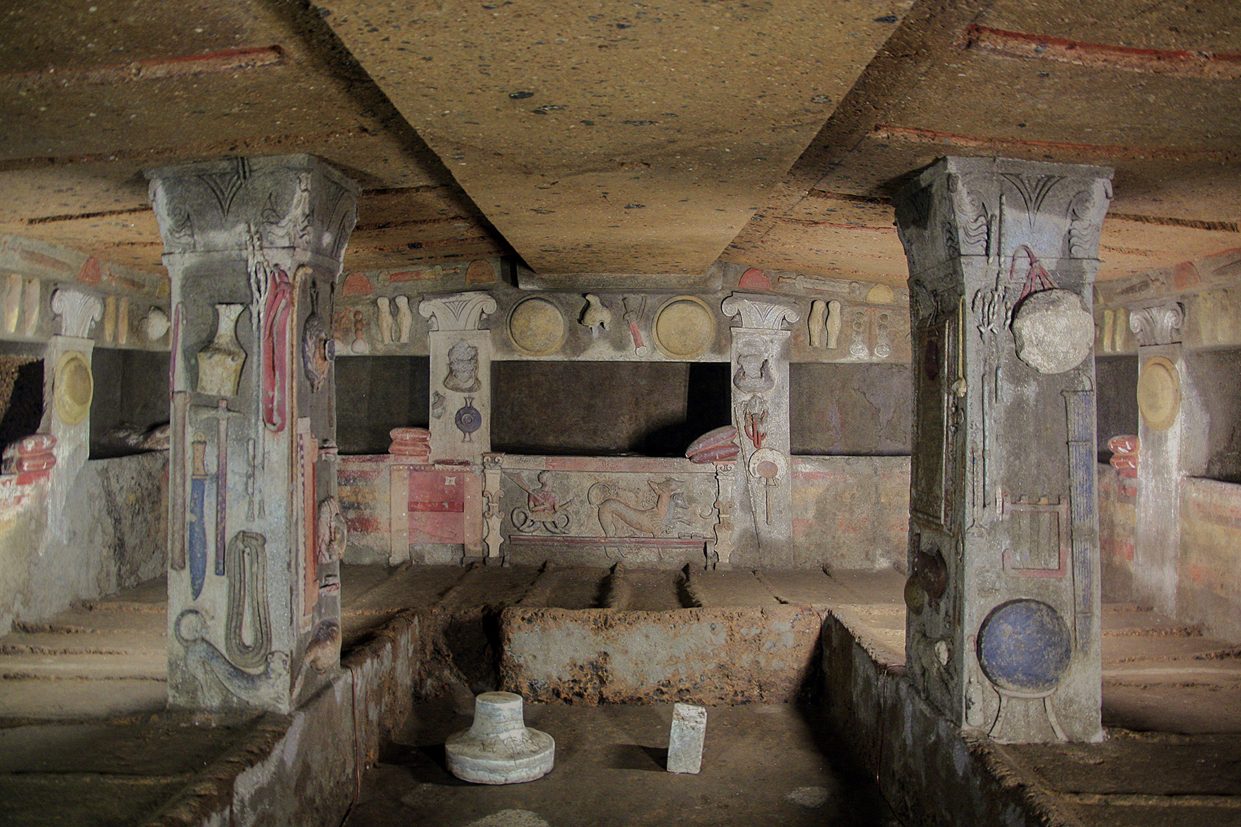 <p>Carved Rock and plaster</p><p></p><p>Classical period</p><p></p><p>Underground burial chamber. Walls covered in carved and painted objects. Designed to look like a house for the dead.</p>