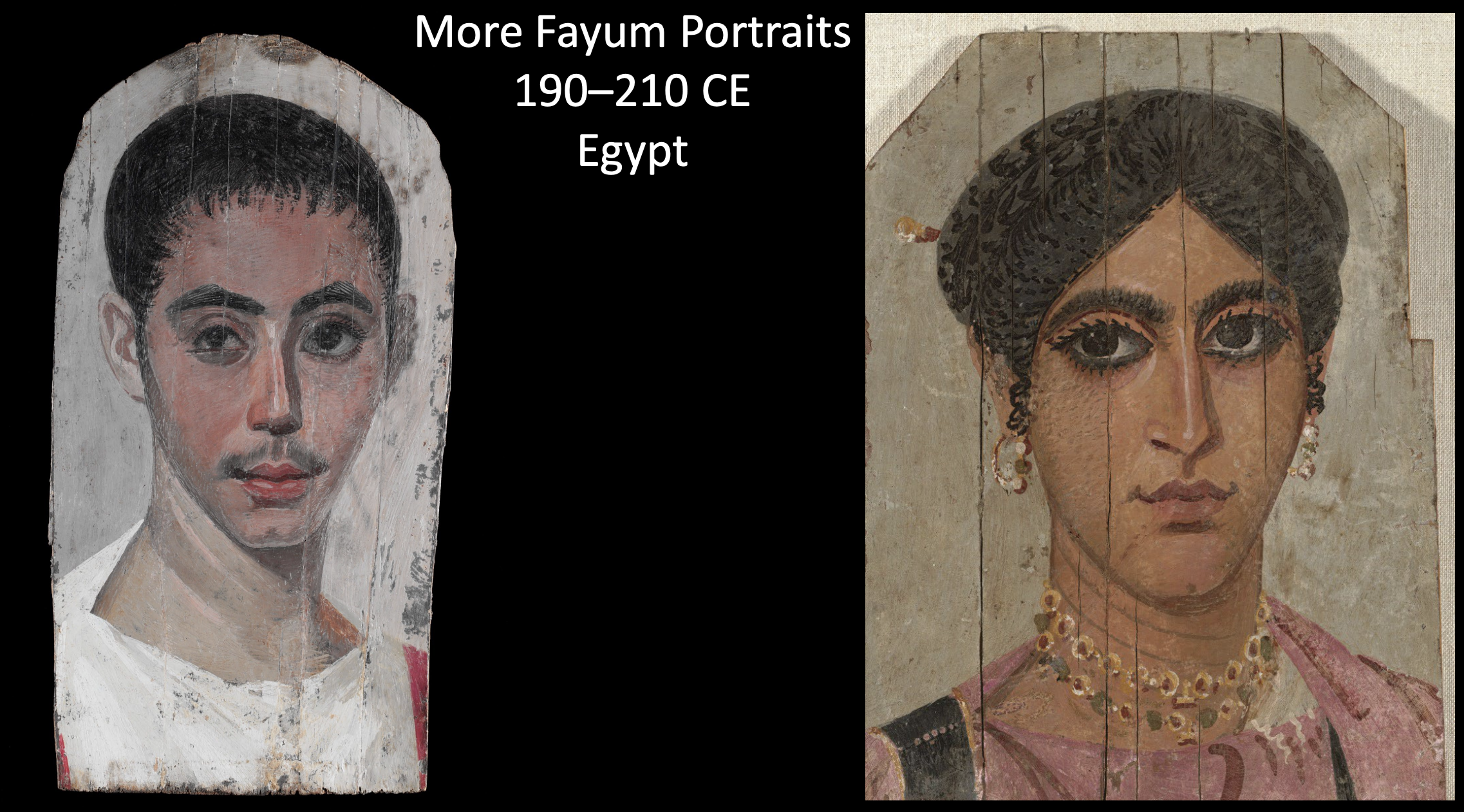 <p>Fayum portraits are <strong><u>masks placed on top of the sarcophogus in burials</u></strong>, painted as realistic as possible.</p><ul><li><p>Assumes that most people had access to this type of artistic production (more able to afford these paintings)</p></li><li><p>There are distinguishable features, status, and a <strong>push for individualism (as shown in the scarred eye because it’s not the “best” version depicted of themselves)</strong></p></li></ul><p><span style="color: rgb(205, 0, 0);"><strong><u><span>This shows how Greek/Hellenistic realistim combined with egyptian-style funerals (mummifying + sarcophagus)</span></u></strong></span></p><p></p>