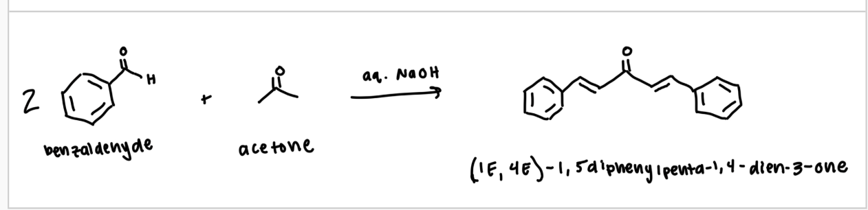 <p>2 aldehyde</p><p>1 acetone</p><p>1 product</p>