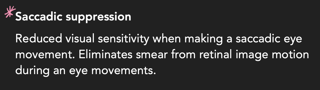 <p>Saccadic suppression only occurs when we make saccadic eye movements. Hence, when we manually move our eyes, saccadic suppression does not occur and the dot appears to be moving.</p>