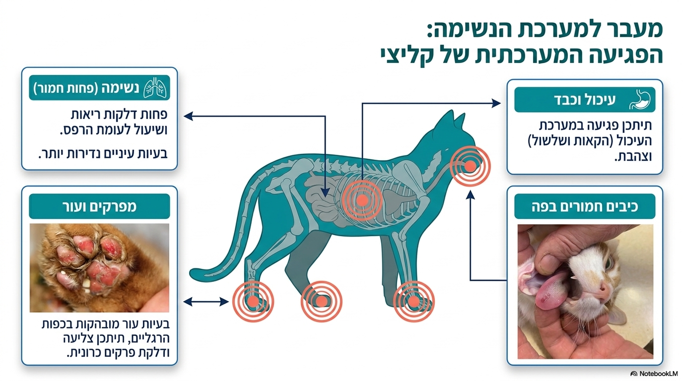 <p><span>הקליניקה של קליצי מגוונת יותר וכוללת מאפיינים ייחודיים:</span></p><ul><li><p><strong>כיבי פה קשים יותר:</strong> כיבי הפה חמורים בהרבה ועלולים להוביל לדלקת חניכיים כרונית קשה <em>(כמוצג באיור 1 ובאיור 6 המציגים כיבים אדומים, כואבים ומתוחמים על גבי הלשון)</em>.</p></li><li><p><strong>פגיעה בפרקים (צליעה):</strong> תיתכן צליעה ודלקות פרקים; הווירוס עלול להישאר במצב לא פעיל בפרקים למשך שנים.</p></li><li><p><strong>פגיעה בכפות הרגליים והעור:</strong> תיתכן בעיית עור ושלפוחיות בעיקר בכפות הרגליים <em>(כמוצג באיור 7)</em>, שם הווירוס יכול להישאר לא פעיל שנים.</p></li><li><p><strong>פחות פגיעה נשימית ועינית:</strong> בקליצי יש <strong>פחות דלקות ריאות ושיעול</strong>, ו<strong>פחות בעיות עיניים</strong> בהשוואה להרפס.</p></li><li><p><strong>סימנים מערכתיים נוספים:</strong> תיתכן מחלת עיכול (הקאות ושלשולים) ואף הופעה של צהבת. המחלה הסיסטמית הכללית לרוב פחות חמורה מזו של הרפס.</p></li></ul><p></p>