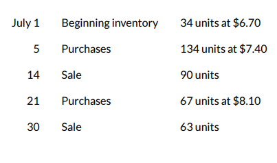 <p>Suppose that Sunland has the following inventory data:</p><p></p><p>Assuming that a perpetual inventory system is used, what is the value of ending inventory on a LIFO basis for July?</p>