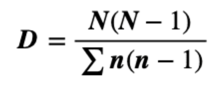 <p>N = total number of organisms of all species.</p><p>n = total number of organisms of each species.</p>