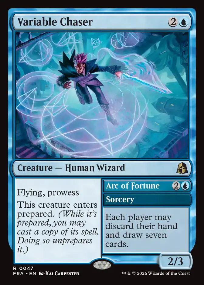 <p>Flying, prowess</p><p>This creature enters prepared. <em>(While it’s prepared, you may cast a copy of its spell. Doing so unprepares it.)</em></p><p><span style="background-color: transparent;">Arc of Fortune{2}{U}</span></p><p class="card-text-type-line">Sorcery</p><p>Each player may discard their hand and draw seven cards.</p>