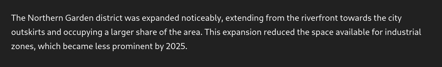 <p>[F] was expanded noticeably, extending from the [D1] towards the [D2] and occupying a larger share of the area. This expansion reduced the space available for [OTHER LAND], which became less prominent in [YEAR 2].</p>