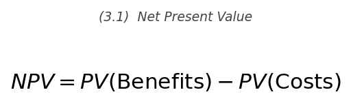 <p>\text{NPV} = PV(\text{Benefits}) - PV(\text{Costs})</p>