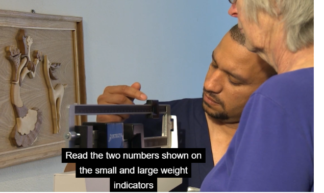 <p><span style="background-color: transparent;">NOW, once the bar balances, you need to read the two numbers shown on the small and large weight indicators.</span></p><p></p><p><span style="background-color: transparent;">Add these two numbers together. That is the resident’s weight.</span></p>