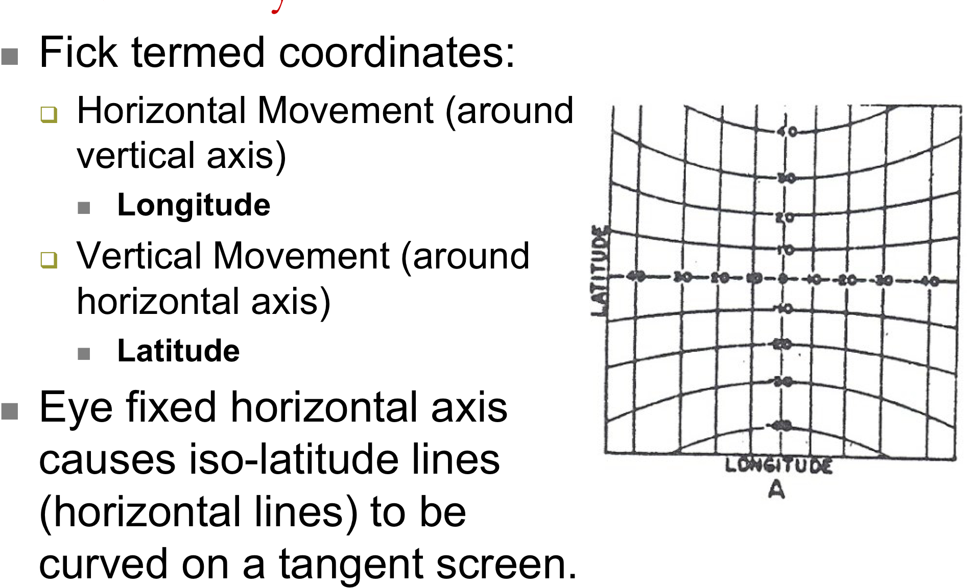 <ul><li><p>Because the horizontal axis is eye-fixed, iso-latitude lines (horizontal lines) appear curved on a tangent screen. </p></li></ul><p></p>