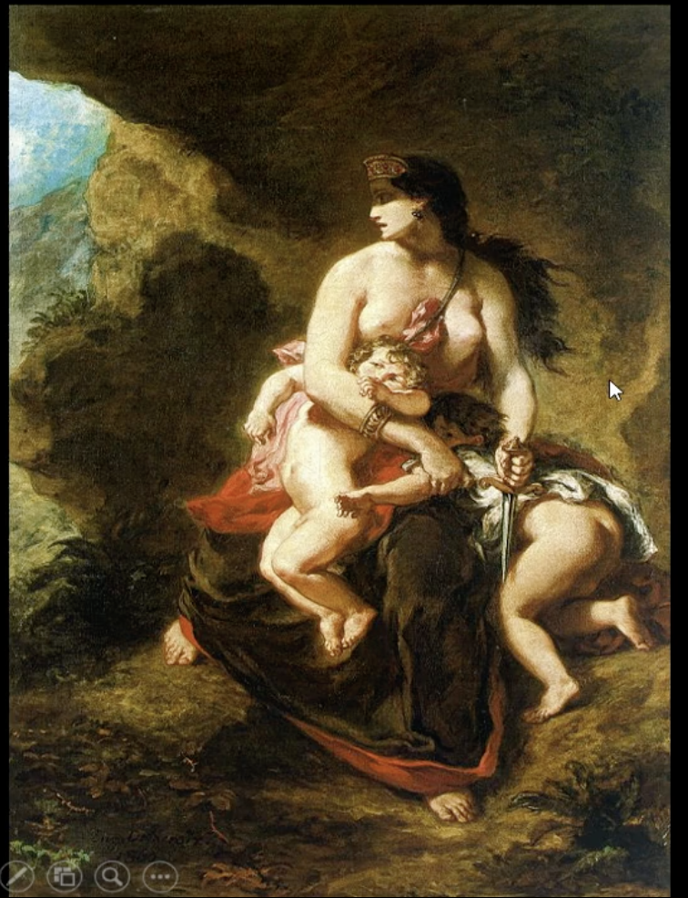 <p>literary story: abandoned by her husband Jason and took revenge by murdering her two children by Jason</p><ul><li><p>Euripides (filicide motivated by insanity)]</p></li></ul><p>Mythological story; sublime </p><p>● Foreground, viewers' vantage point, shadow over her face (a way of saying she has gone insane)</p><p>● Red, not blood</p><p>● Sublime</p><p></p>