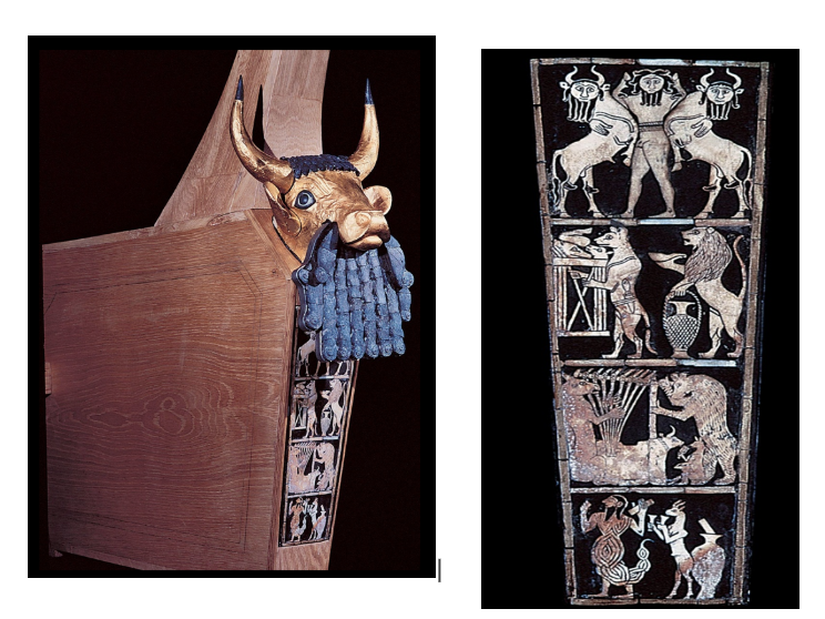 <p><span style="background-color: yellow;">Soundbox of a Lyre from the “King’s Grave,” Ur, &nbsp;ca. 2650-2550 B.C.E., wood with gold, lapis lazuli, shell and silver</span></p><p>Soundbox of a Lyre from the</p><p style="text-align: left;">“King’s Grave” tomb RT789, Ur,</p><p style="text-align: left;">ca. 2650-2550 B.C.E., wood with</p><p style="text-align: left;">gold, lapis lazuli, shell and silver</p><p style="text-align: left;">(partially reconstructed)</p><p>nWith Sumerian artifacts we see for the first time stylistic conventions emerge that define objects originating from one culture</p><p></p><p>Front Plaque of the same Soundbox</p><p>•Formalized poses, heraldic symmetry</p><p>•Animal symbolism, esp. bull</p><p style="text-align: left;">&nbsp; <u>Bull</u> was considered a symbol of <u>fertility and strength, revered through the New East and the Mediterranean (cf. Picasso)</u>; allusion to supernatural powers?</p>
