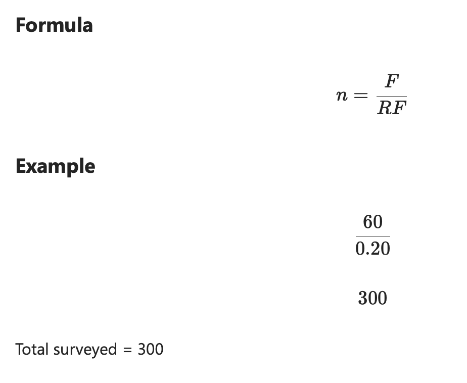 <p>Missing Total from Relative Frequency</p><p>Look for:</p><ul><li><p>Frequency given</p></li><li><p>Relative frequency given</p></li><li><p>Total missing</p></li></ul><p></p>