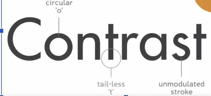 <p>- minimal geometric forms</p><p>- apparent circular o (usually)</p><p>- unmodulated stroke</p><p>-tail-less T</p>
