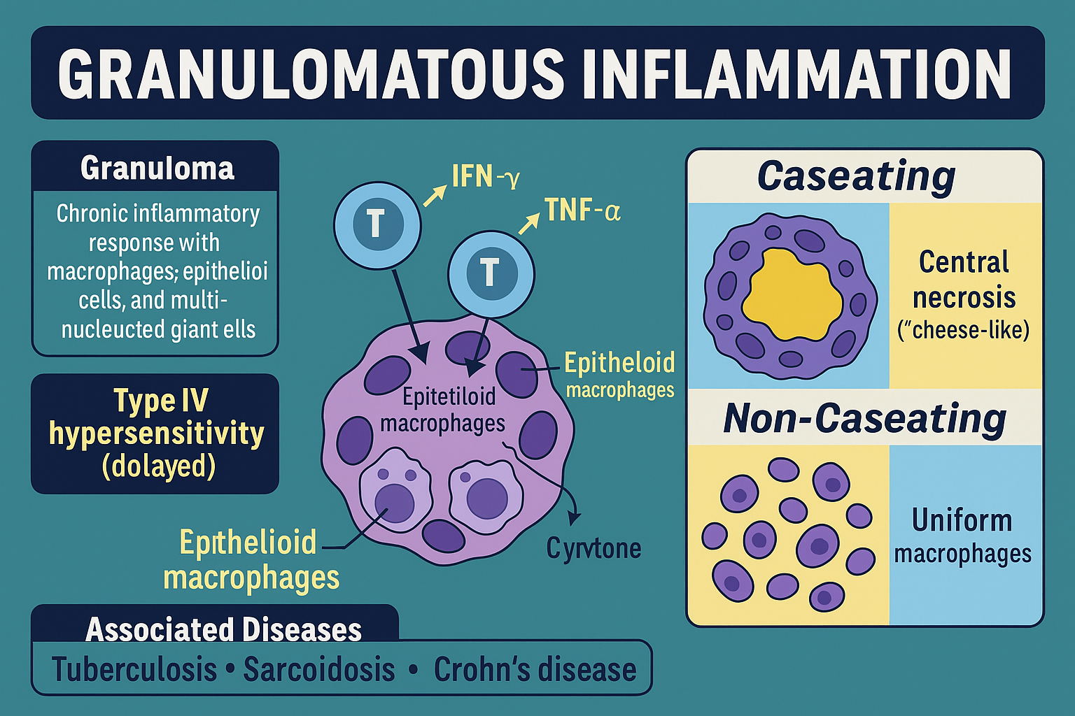 <p>Diffuse of white blood cells or necrosis without forming clusters. Fibrosis typically occurs. (Chronic viral infection such as hepatitis, chronic auto-immune diseases like rheumatoid arthritis)</p>