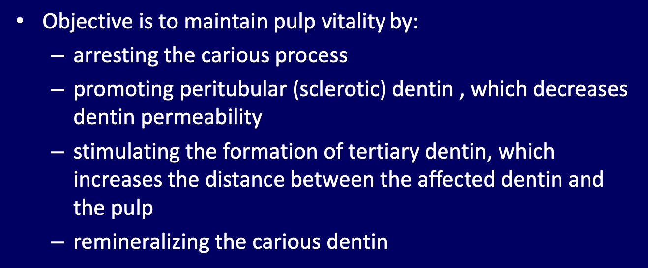 <p>In an indirect pulp cap, what is the objective to maintain pulp vitality?</p>