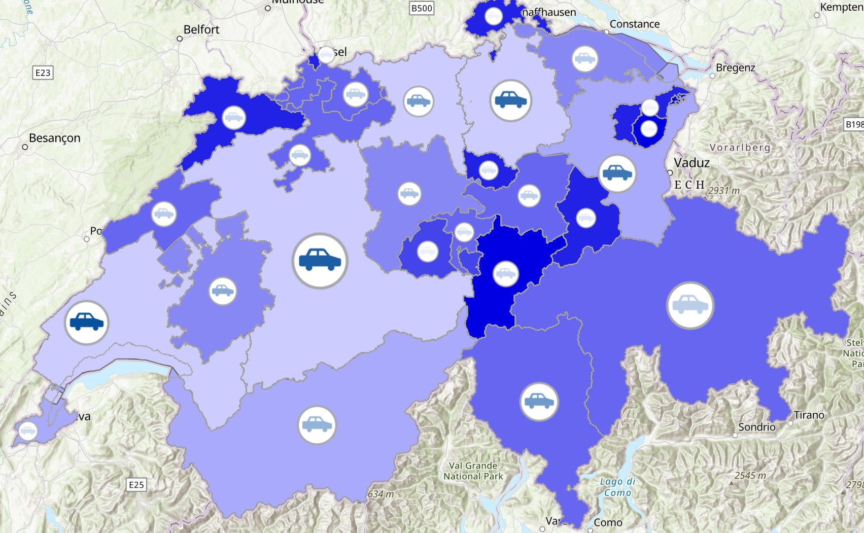 <p>a map in which point symbols are scaled in proportion to the magnitude of data occurring at point locations, such as circles of varying sizes representing city populations.</p>