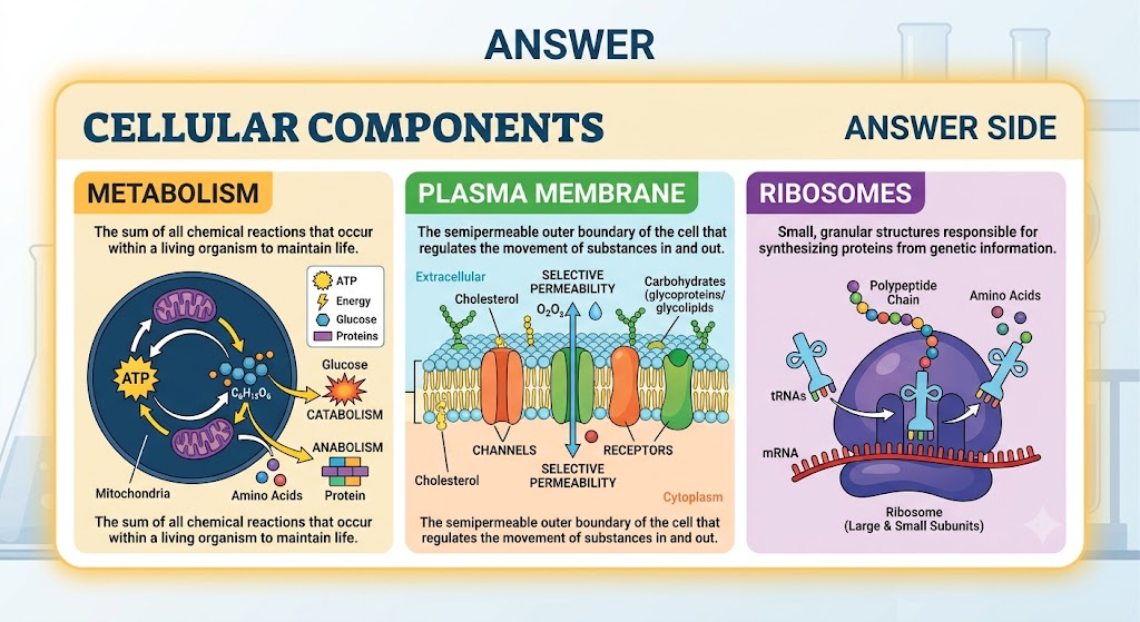 <p>metabolism, plasma membrane, ribosomes</p>