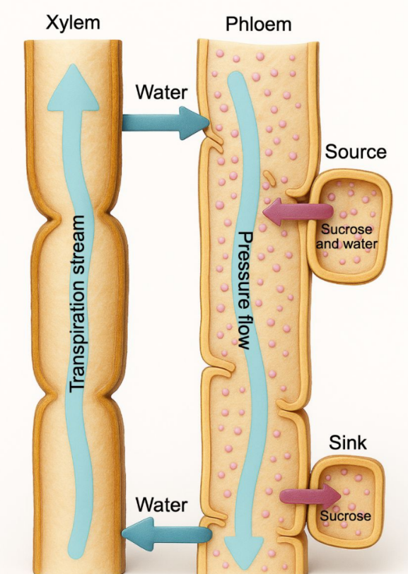 <p>Source cells <strong>produce sugar </strong>and <strong>load </strong>it into the <strong>phloem</strong></p><ul><li><p><strong>Increased sugar concentration </strong>creates a <strong>gradient </strong>that pulls <strong>water into the phloem</strong></p></li></ul><ul><li><p><strong>Turgor pressure </strong>in the phloem <strong>increases</strong></p></li></ul><ul><li><p>Bulk flow movement of <strong>sugar </strong>from leaves <strong>down </strong>to <strong>roots</strong></p></li></ul><p></p>