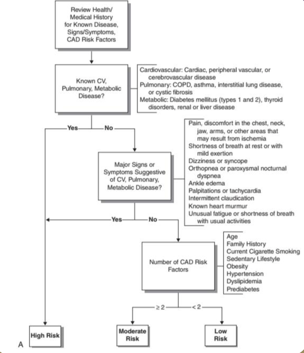 <p>After reviewing health/medical hx for known dx, sxs, CAD RF:</p><ul><li><p>Known CV, pulmonary, metabolic disease</p><ul><li><p>Yes → High risk</p></li><li><p>No → Major sxs suggestive of CV, pulmonary, metabolic disease?</p><ul><li><p>Yes → High risk</p></li><li><p>No → Number of CAD RF?</p><ul><li><p>2 or more = moderate risk</p></li><li><p><2 = low risk</p></li></ul></li></ul></li></ul></li></ul><p></p>