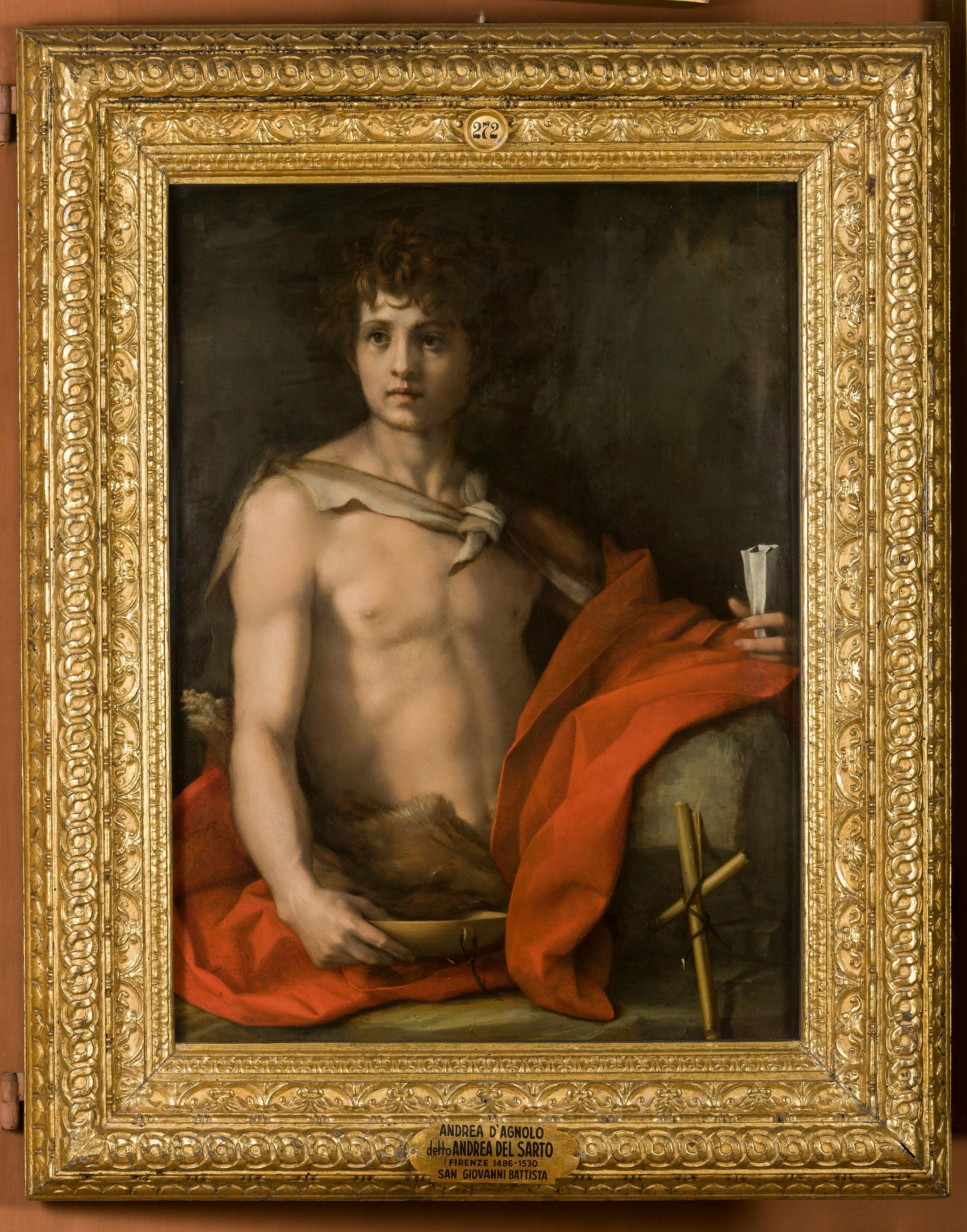 <p>canvas painting by Andrea del Sarto, perfected 3D/depth effect, uses animal skins and cross to indicate bible figure - uses SHADOWS to create ILLUSION of DEPTH!!</p>