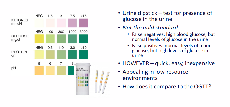 <p>How does the urine dipstick test for glucose work, and why is it not the diabetes gold standard?</p>