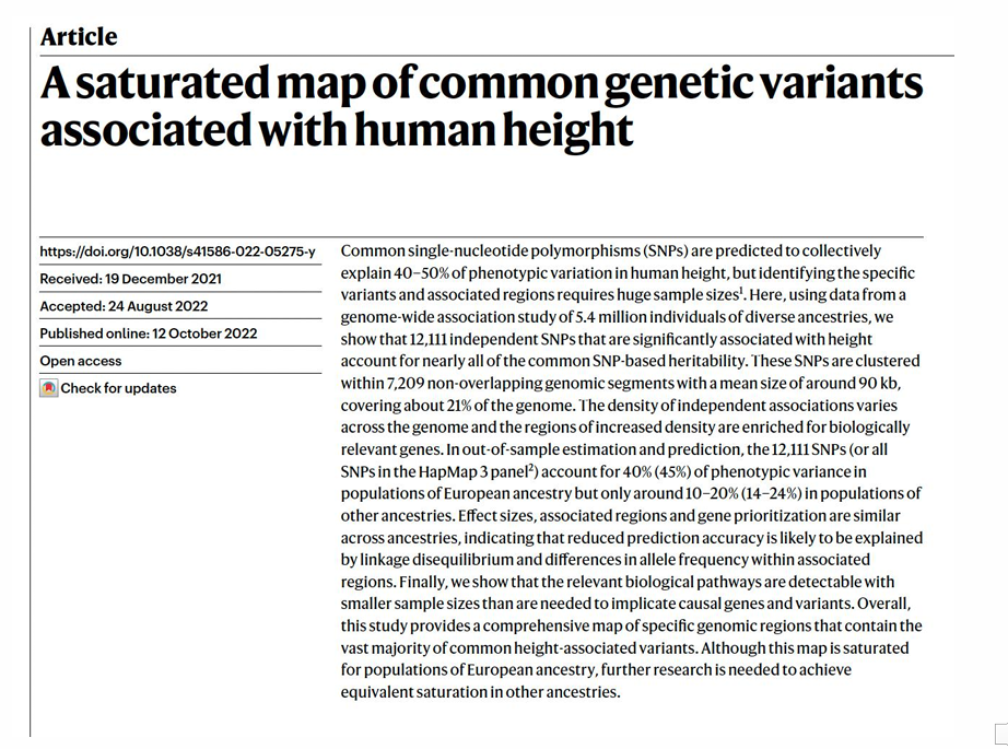 <p>Study scale:</p><p>- More than 5 million individuals</p><p>Meaning:</p><p>- Very large cohorts are needed to approach saturation of common-variant maps.</p><p>- Thousands of independent SNP associations can contribute to a highly polygenic trait such as height.</p>