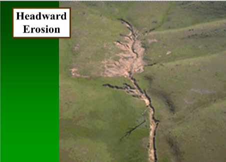 <p>A river lengthens its course by cutting BACKWARDS (upstream) above its original source. The river erodes upslope over time.</p>