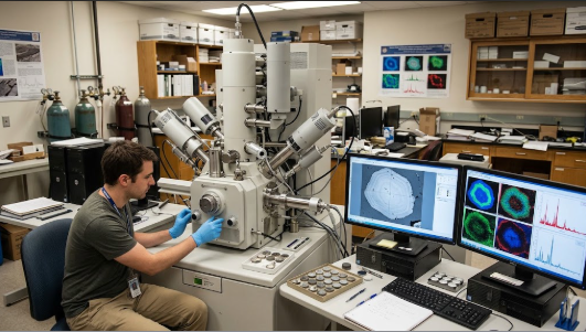 <p>What is the term/concepts being visualized in this image?</p><p>Definition: An instrument that fires a narrow electron beam at precise spots on a mineral grain to analyze chemical zoning for temperature and pressure determination.</p>