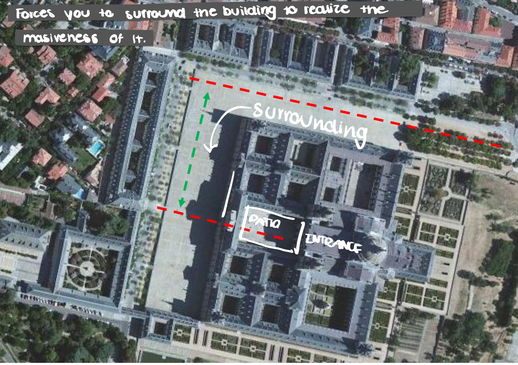 <p>Theme 2</p><p>Forces you to surround the building to realize the masiveness of it.</p>