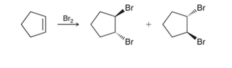 <p>anti-addition, Br2 is added, pair of enantiomers in final product</p>