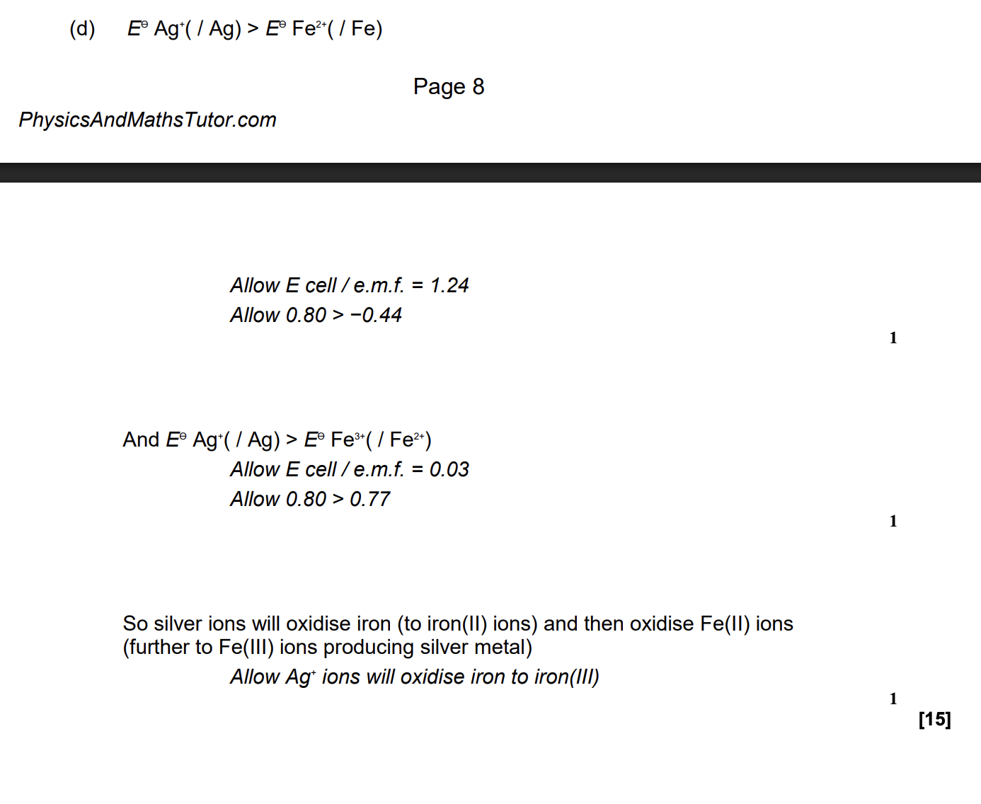 <ul><li><p>E<sup>θ</sup> of Ag<sup>+</sup> bigger than E<sup>θ</sup> of Fe<sup>2+</sup></p></li><li><p>E<sup>θ </sup>of Ag<sup>+</sup> bigger than E<sup>θ</sup> of Fe<sup>3+</sup></p></li><li><p>so Ag<sup>+</sup> oxidise Fe → Fe<sup>2+</sup> and → Fe<sup>3+ </sup></p></li></ul><p></p>