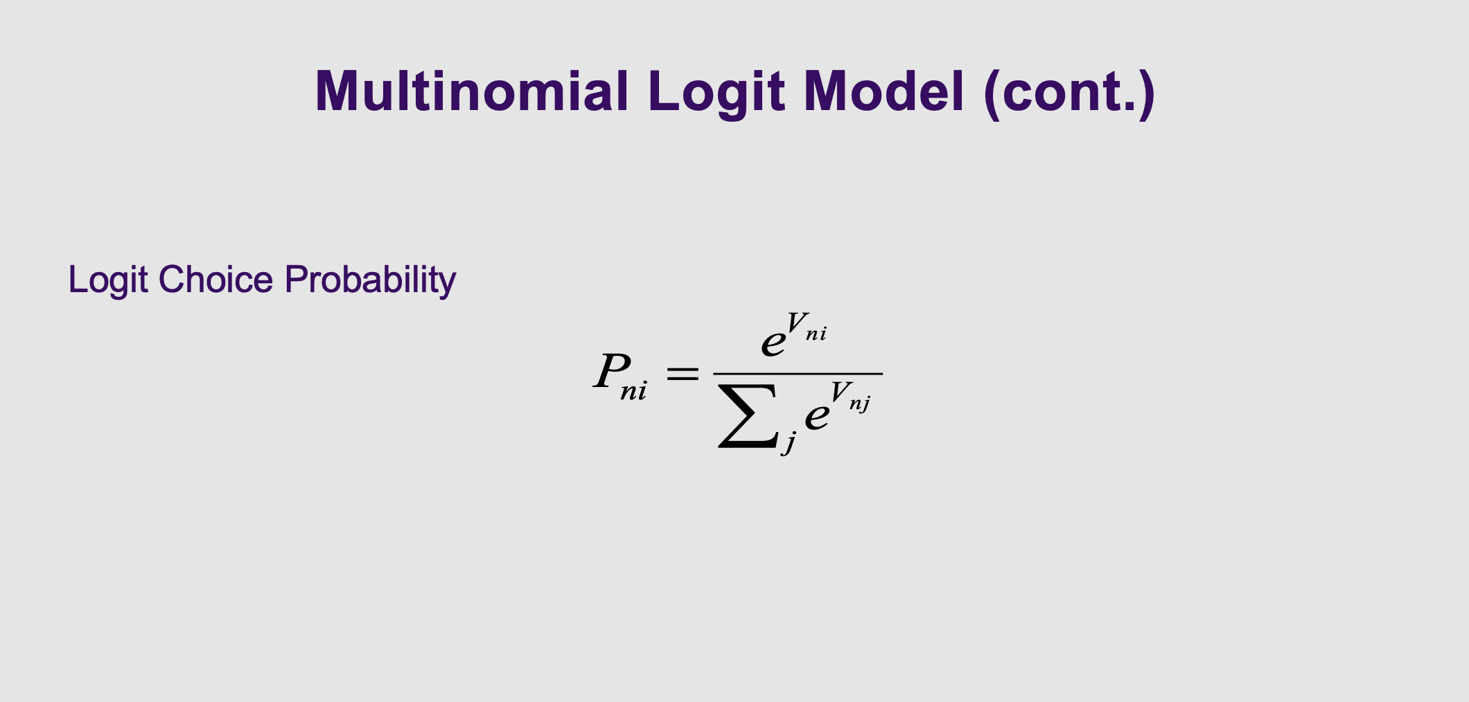 <ul><li><p><span style="line-height: 1.15;"><strong>What it means:</strong> This is the final, clean probability formula </span><span>. The probability of picking option </span><span style="line-height: 1.15;">$i$</span><span> equals </span><span style="line-height: 1.15;">$e$</span><span> raised to the utility of </span><span style="line-height: 1.15;">$i$</span><span>, divided by the sum of </span><span style="line-height: 1.15;">$e$</span><span> raised to the utility of <em>all</em> options.</span></p><p></p></li><li><p><strong>Real-world translation:</strong> Why do we use '<span>$e$</span>'? Let's say a train ticket costs £500. Its happiness score (<span>$V$</span>) might be highly negative (e.g., -5). But a probability can never be negative (you can't have a -20% chance of taking the train). In math, raising '<span>$e$</span>' to any power—even a negative one—always creates a positive number. This brilliant trick ensures all your probabilities stay positive!</p></li></ul><p></p>