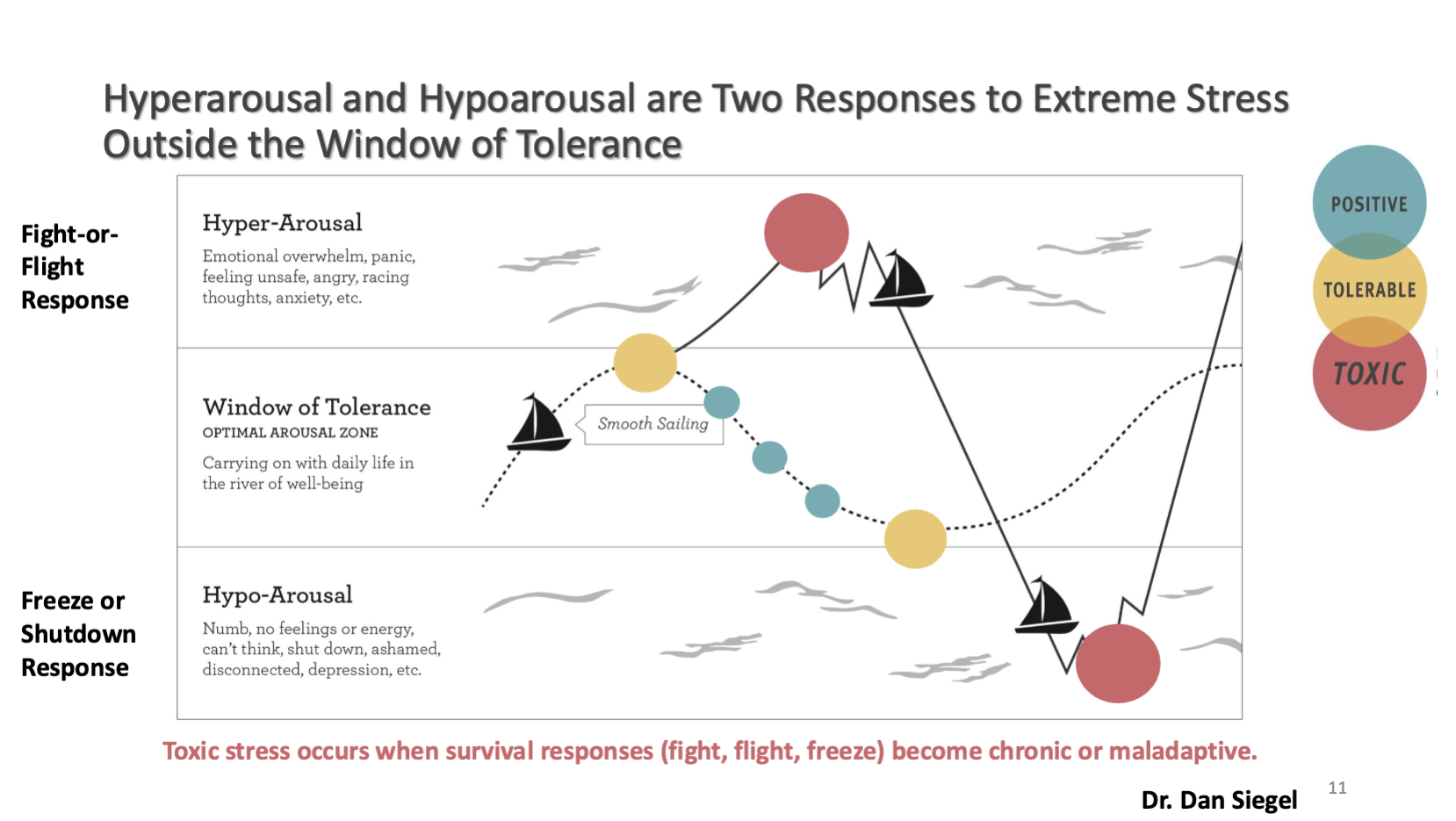 <p>The Window of Tolerance is the zone where intense emotional arousal can be processed and managed effectively - carrying on daily-life in the smooth sailing river of wellbeing </p><ul><li><p>PFC remains engaged and regulates limbic activity </p></li><li><p>sympathetic and parasympathetic systems are in balance </p></li></ul><p>It lays between HYPERAROUSAL (brought out by fight or flight response) and the HYPOAROUSAL (brought out by the freeze or shutdown response) </p><p></p><p>Exposure to controllable stressors is a major contributor to building resilience</p>