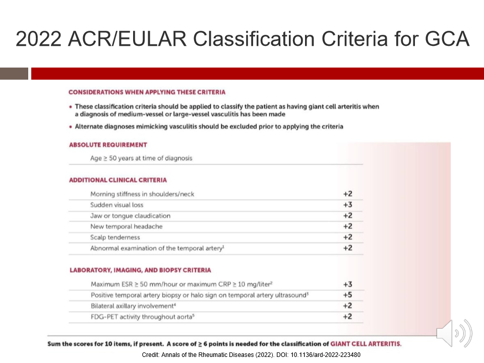 <p>A total score of ≥6 points is needed to classify the patient as having GCA.</p>