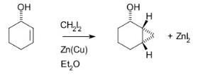 <p>CH2I2 with ZnCu or CH2N2 reduces the double bond to a single bond, and then makes a bond form each of the carbons that were originally involved in the double bond to a CH2.</p><p></p><p>It creates a cyclopropyl like structure with the 3 carbons</p>