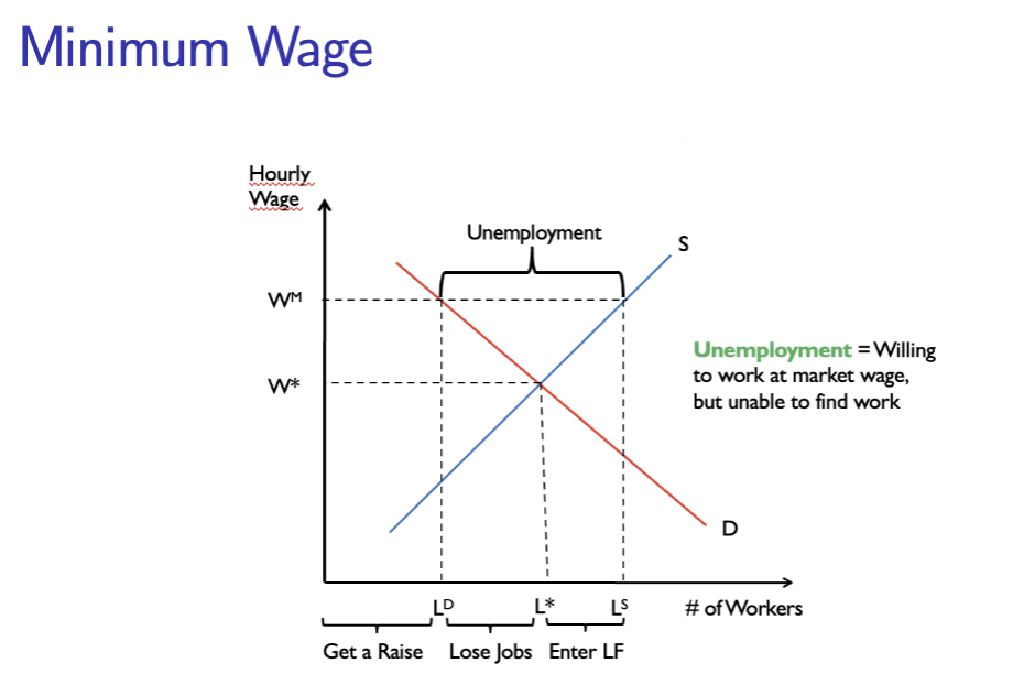 <p>A price floor.</p><div data-type="horizontalRule"><hr></div><p>**see the graph in the photo for the correct illustration</p><p>Your axis should be labeled:</p><p>Y-axis — Hourly Wage (price)</p><p>X-axis — Number of Workers (quantity)</p><div data-type="horizontalRule"><hr></div><p>Multiple Choice: To help poor workers, the government imposes a minimum wage. Assuming that this is binding, our equilibrium supply/demand model predicts: wages and unemployment </p><p><strong>A. rise, rises </strong></p><p>B. rise, falls </p><p>C. fall, rises </p><p>D. fall, falls</p>