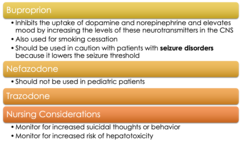 <p>-buproprion</p><p>-nefazodone</p><p>-trazodone</p><p>(depression SAD, smoking cessation) </p><p>-increase risk of seizures **hold bupropion for alcohol withdrawal</p><p>-increased risk of suicidal thoughts </p><p>-heptatoxicity</p><p>-no for pediatric patients!</p>