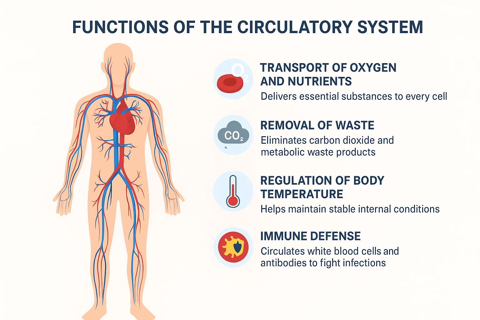<ul><li><p>transport <strong>blood, oxygen, nutrients</strong> to the body </p></li><li><p>help get <strong>rid of waste products</strong></p></li></ul><p></p>