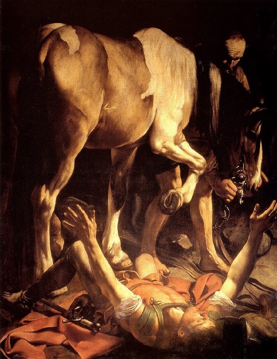 <p>- 1st Baroque</p><p>- extreme light and dark</p><p>- depicted Mary and the apostles in poor drab</p>