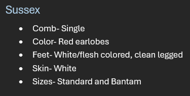 <p>Breed: Sussex</p><p>Variety: Speckled</p>