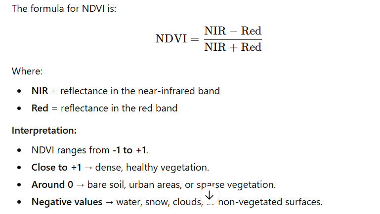 <p>simple formulas used in <strong>remote sensing</strong> to combine different wavelengths of light (captured by satellites or drones) to highlight specific features on Earth..</p><p><strong>NDVI = (NIR - R) / (NIR + R)</strong></p>